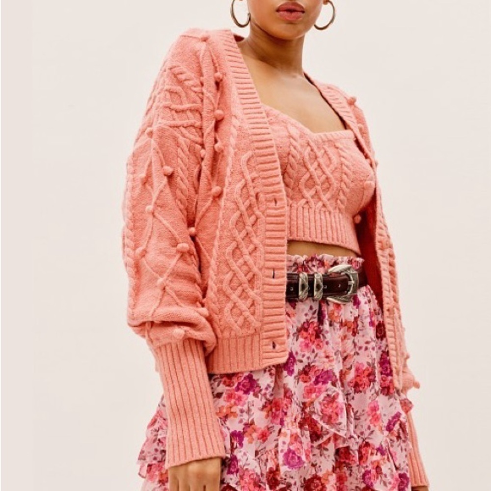 For Love & Lemons Florentina Button Down Pom Poms Cardigan Rose